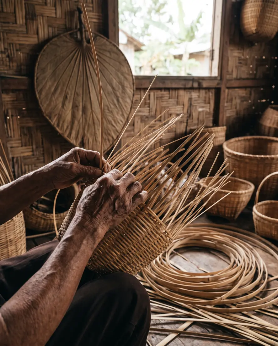 A craftsman's hands weaving a conical bamboo basket, with baskets and a leaf rain shield behind