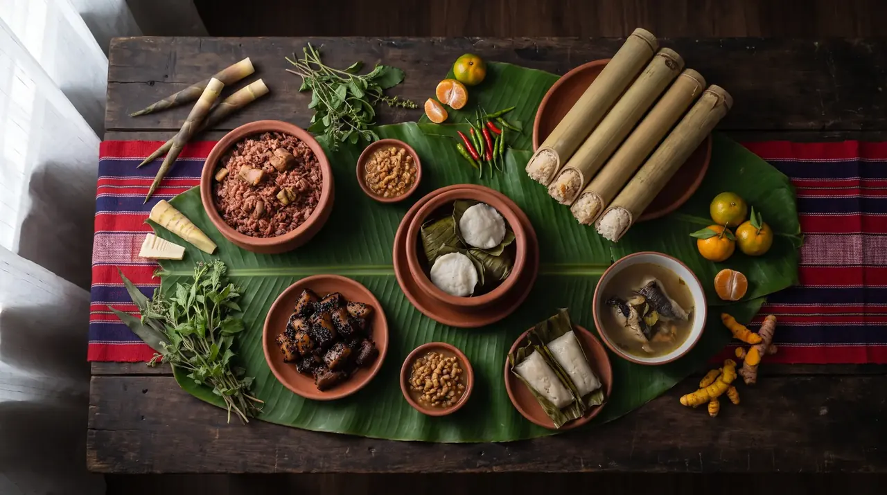 A Meghalaya tasting spread of rice, pork, fermented soybean, bamboo rice and turmeric on banana leaves and bamboo platters