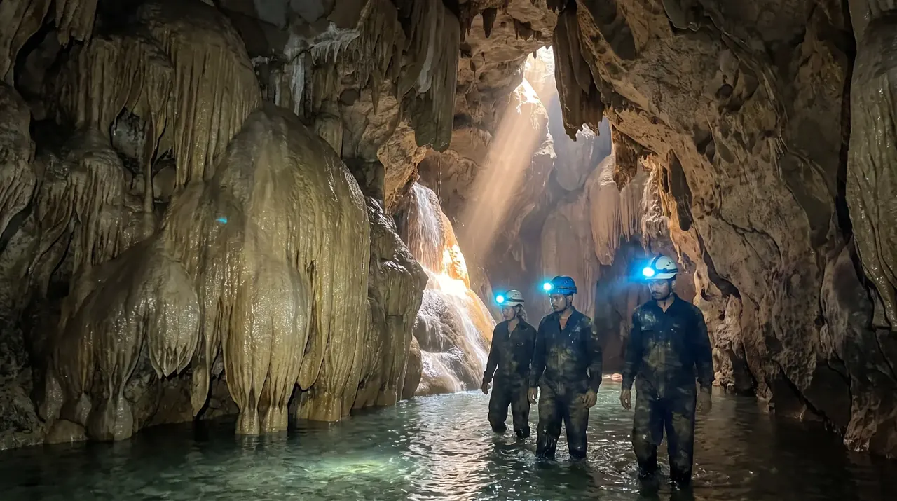 Cavers with headlamps wading an underground stream in a limestone cave