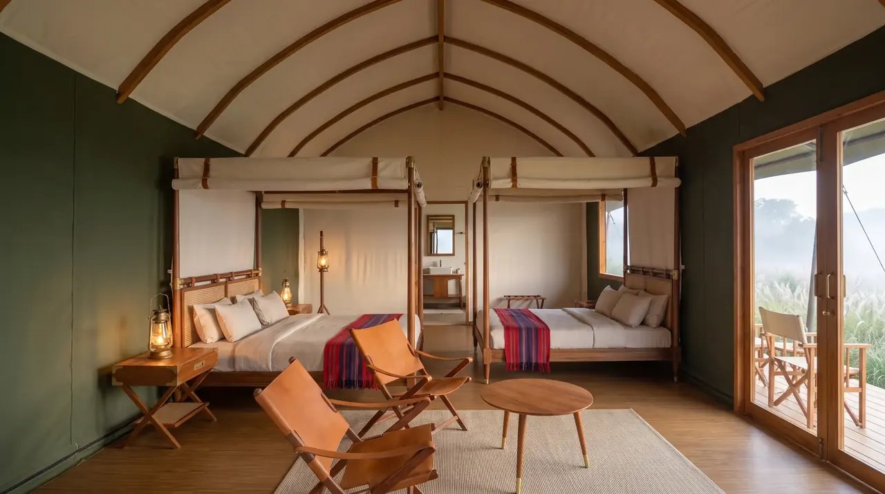 Deluxe tent bedroom: teak bed with cane headboard, leather sofa, folding safari chairs, brass-cornered table, canvas doors open to green forest