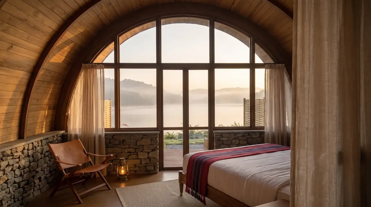 Inside a curved-roof villa: a timber-lined vault, dry-stone wall and an arched glass wall facing a misty lake at sunrise