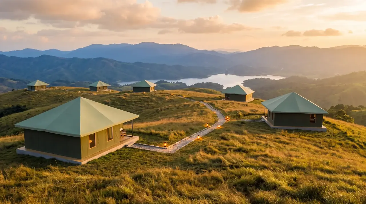 Hip-roofed sage canvas tents scattered across golden grass hills at Jongksha, joined by a lantern-lit path, a lake and ridges beyond
