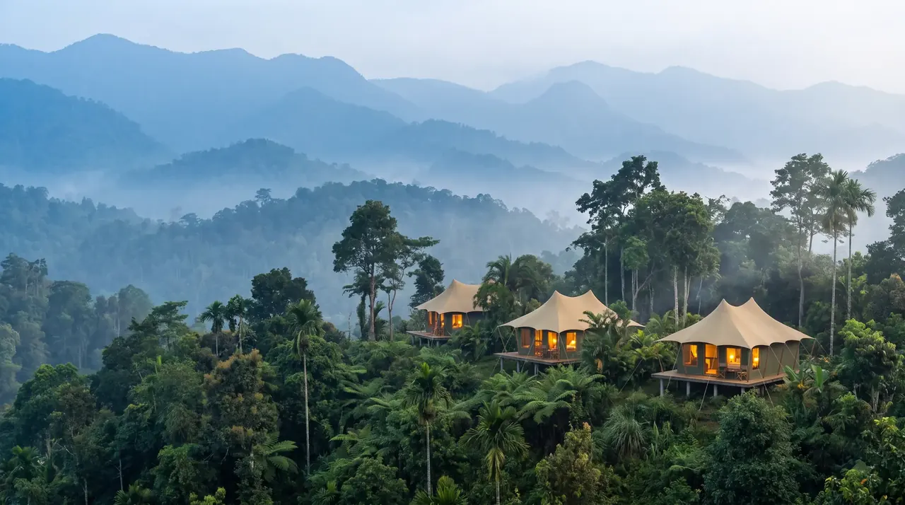 Three twin-peaked sand canvas tents glowing on a forested ridge in the Garo Hills, layered blue mountains beyond