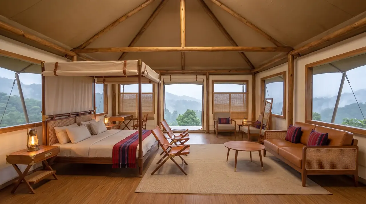 Premium tent bedroom: teak and brass four-poster with cane headboard and green throw, leather chairs, brass side tables, canvas walls open to misty hills