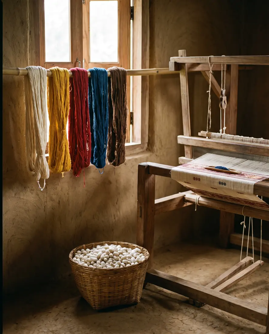 Skeins of naturally dyed Eri silk yarn beside a wooden loom and a basket of cocoons