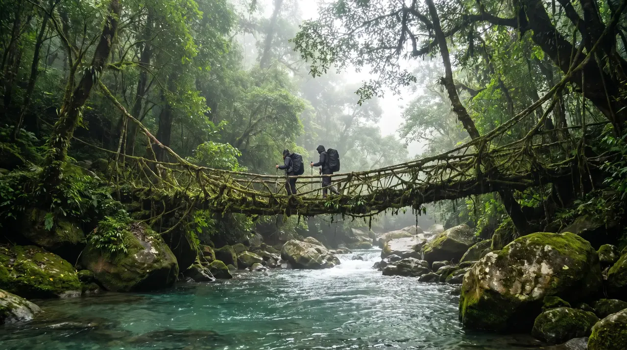 Two hikers crossing a living root bridge over a turquoise stream in rainforest